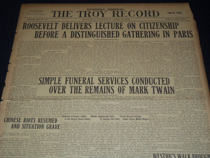 1910 APRIL 23 TROY RECORD - SIMPLE FUNERAL SERVICES FOR MARK TWAIN - NT 9573