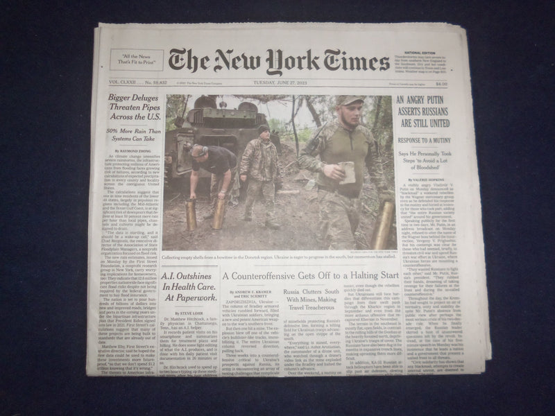 2023 JUNE 27 NEW YORK TIMES - AN ANGRY PUTIN ASSERTS RUSSIANS ARE STILL UNITED