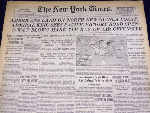 1944 APRIL 24 NEW YORK TIMES - AMERICANS LAND ON WORTH NEW GUINEA COAST- NT 1638