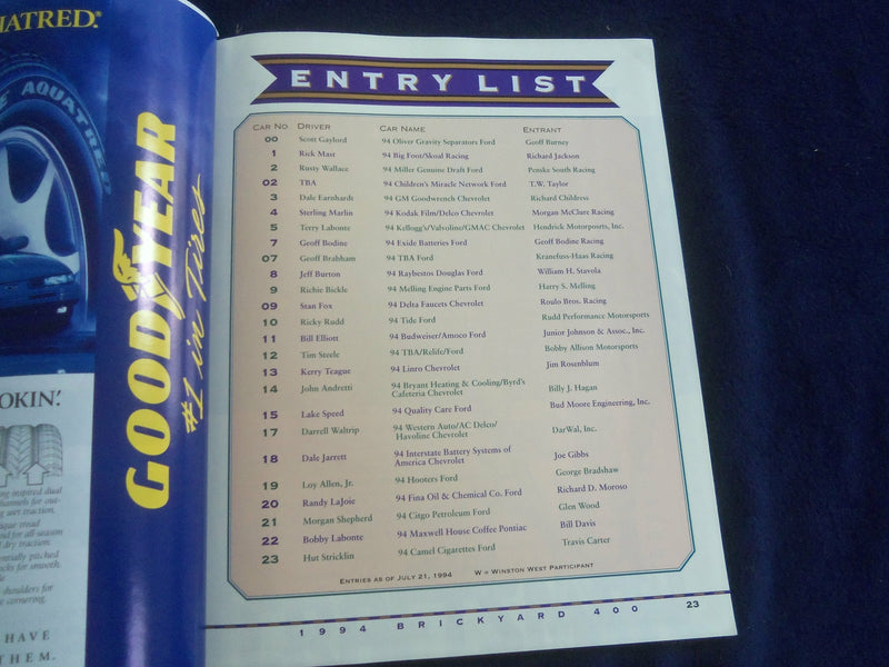 1994 AUGUST 6 BRICKYARD 400 RACING PROGRAM - GREAT PHOTOS - SP 3744L