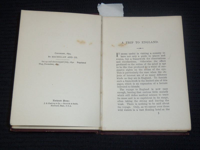 1895 A TRIP TO ENGLAND HARDCOVER BOOK BY GOLDWIN SMITH - K 2097