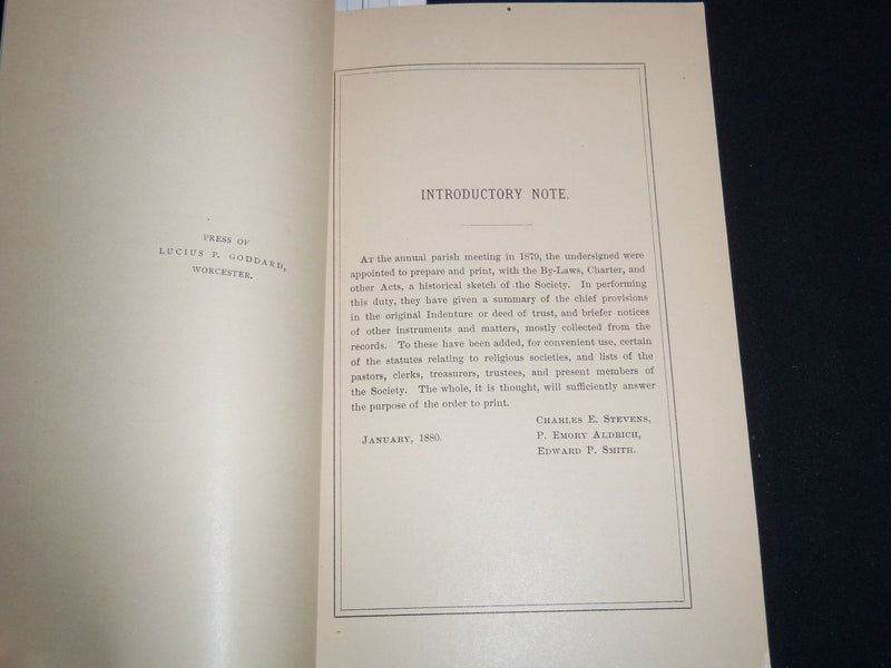 1880 THE CENTRAL SOCIETY IN WORCESTER BOOKLET - HISTORICAL SKETCH - J 8810