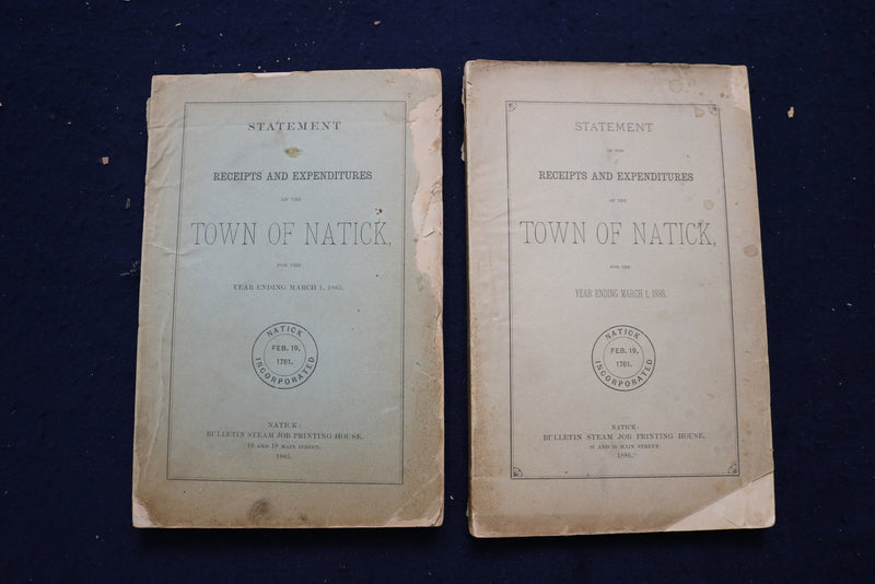 1859-1889 TOWN OF NATICK RECEIPTS AND EXPENDITURE REPORTS - LOT OF 24 - O 3393