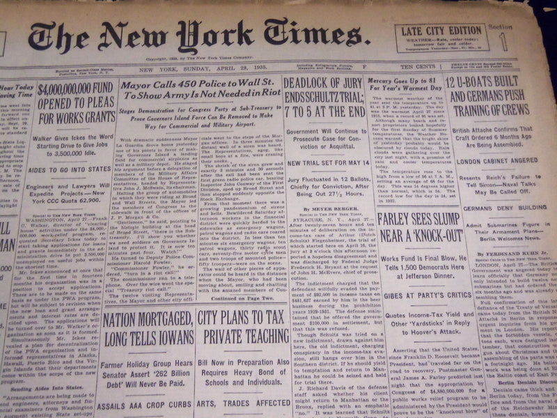 1935 APRIL 28 NEW YORK TIMES - SCHULTZ TRIAL ENDS DEADLOCKED - NT 3800