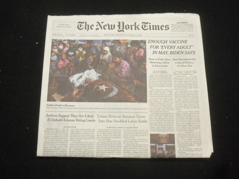 2021 MARCH 3 NEW YORK TIMES - ENOUGH VACCINE FOR EVERY ADULT IN MAY, BIDEN SAYS