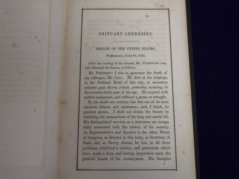 1852 HON. HENRY CLAY OBITUARY ADDRESSES HARDCOVER BOOK - KD 3867F