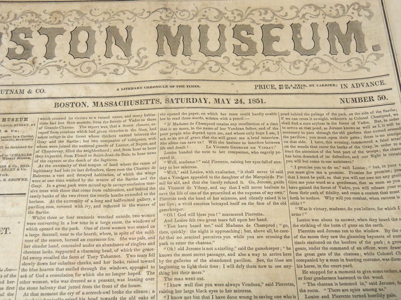 1851 MAY 24 BOSTON MUSEUM NEWSPAPER - SAMUEL THURSTON - LYNCHING - NP 9023