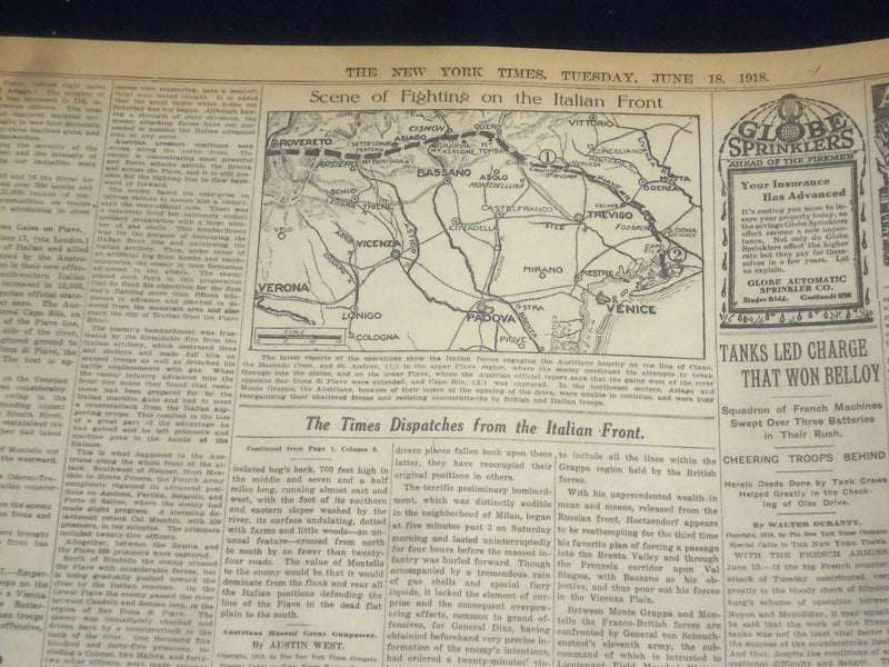 1918 JUNE 18 NEW YORK TIMES - AUSTRIAN OFFENSIVE MEETS SHARP CHECK - NT 9090