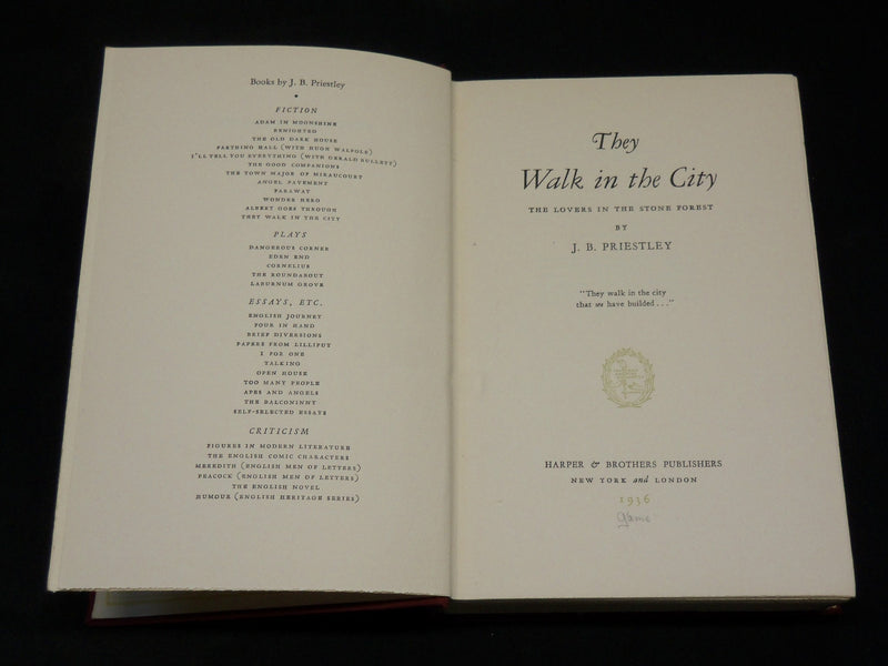 1936 THEY WALK IN THE CITY BOOK BY J. B. PRIESTLEY - FIRST EDITION - KD 2767W