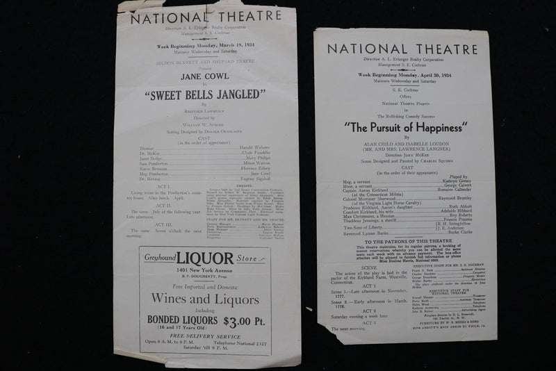 1934 NATIONAL THEATRE PROGRAMS - LOT OF 14 - K 2831