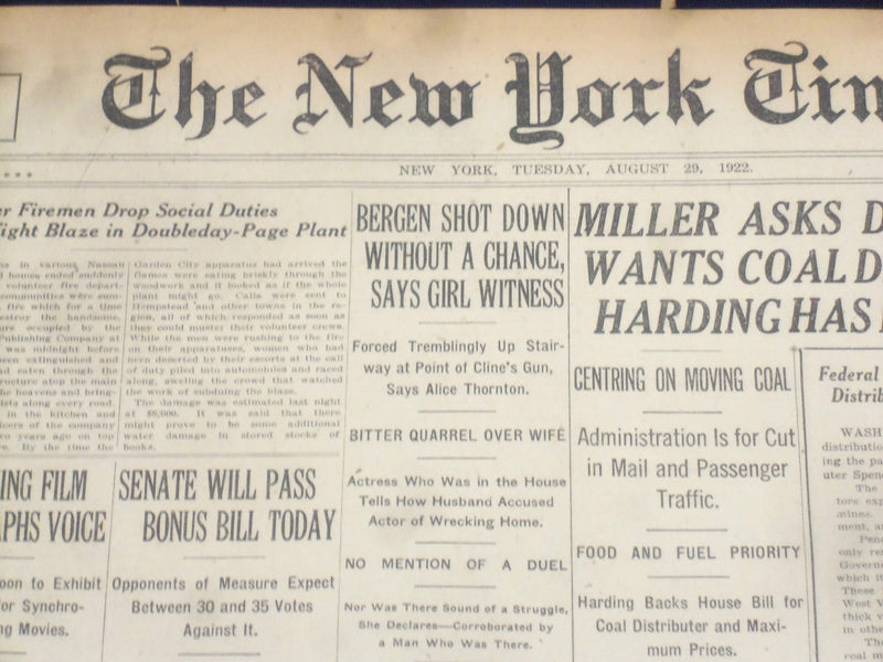 1922 AUGUST 29 NEW YORK TIMES - BERGEN SHOT DOWN WITHOUT A CHANCE - NT 8380