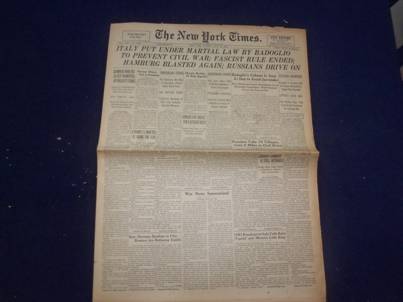 1943 JULY 27 NEW YORK TIMES - ITALY PUT UNDER MARTIAL LAW BY BADOGLIO - NP 6546