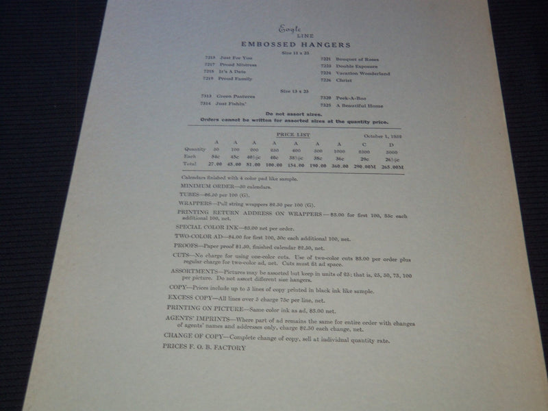 1954 EAGLE LINE HANGERS CALENDAR SALESMAN SAMPLE SHEETS BOOK - C 19