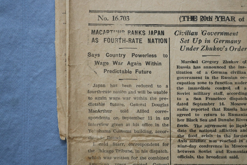1945 SEPTEMBER 15 NIPPON TIMES NEWSPAPER - GEN. DOUGLAS MACARTHUR ARTICLE-K 3124