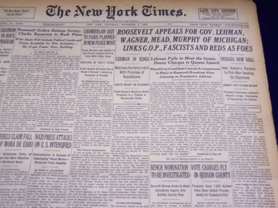 1938 NOVEMBER 5 NEW YORK TIMES - ROOSEVELT APPEALS FOR LEHMAN & WAGNER - NT 2842