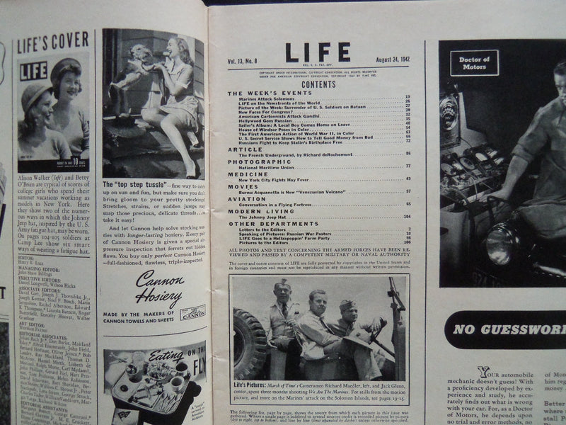 1942 AUGUST 24 LIFE MAGAZINE - JOHNNY JEEP HATS - L 301