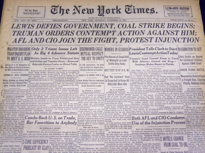 1946 NOV 21 NEW YORK TIMES - LEWIS DEFIES GOVERNMENT COAL STRIKE BEGINS - NT 850
