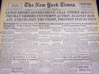 1946 NOV 21 NEW YORK TIMES - LEWIS DEFIES GOVERNMENT COAL STRIKE BEGINS - NT 850