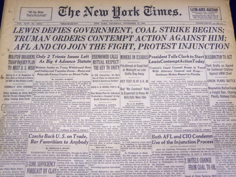 1946 NOV 21 NEW YORK TIMES - LEWIS DEFIES GOVERNMENT COAL STRIKE BEGINS - NT 850
