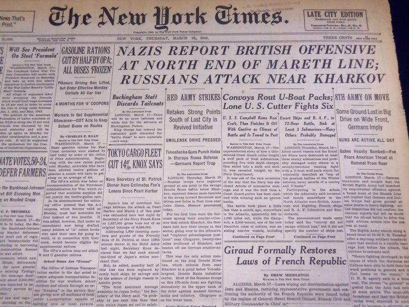 1943 MARCH 18 NEW YORK TIMES NAZIS REPORT BRITISH OFFENSIVE AT MARETH - NT 1742