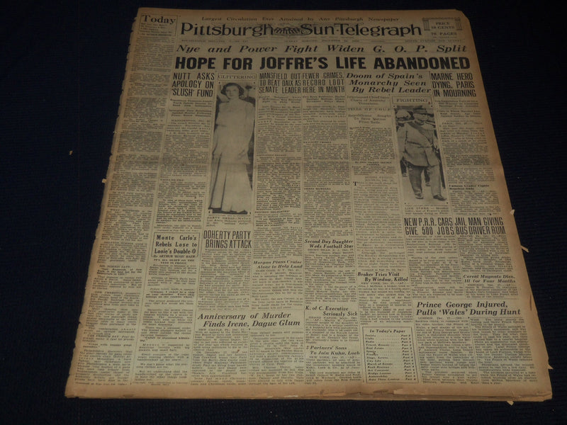 1930 DECEMBER 28 PITTSBURGH SUN NEWSPAPER - MARSHAL JOFFRE DYING - NT 9576