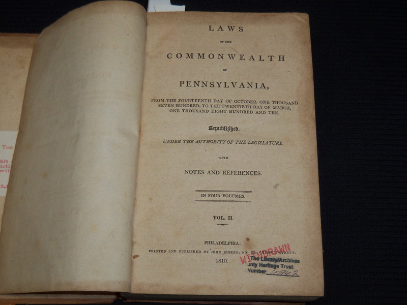 1810 LAWS OF THE COMMONWEALTH OF PENNSYLVANIA VOLUME NO. 2 - KD 703X