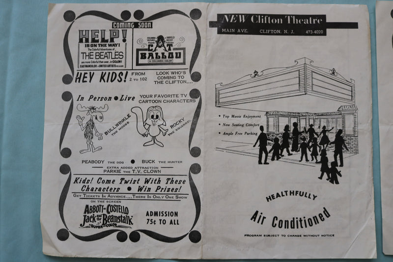 1965 NEW CLIFTON THEATRE PROGRAM - THE BEATLES HELP-LOT OF 2 -CLIFTON,NJ- K 2534
