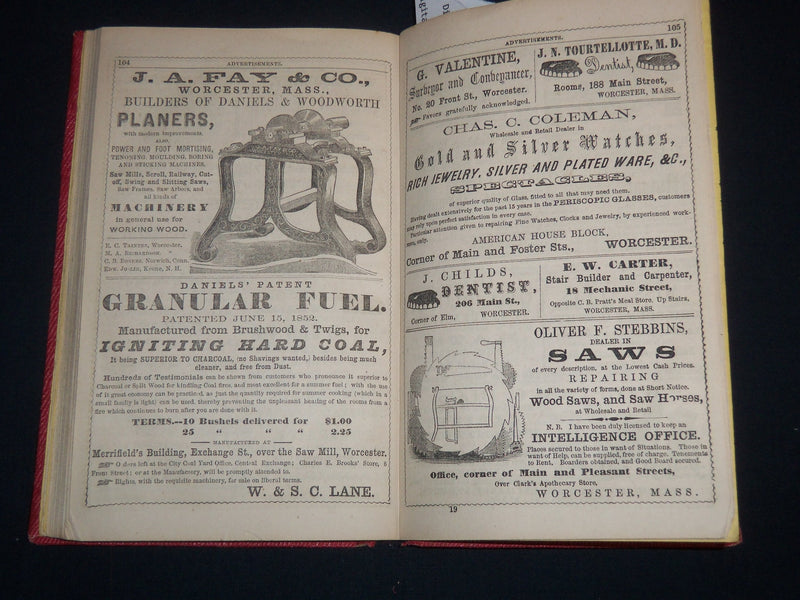 1859 WORCESTER ALMANAC DIRECTORY & BUSINESS ADVERTISER - FOLD OUT MAP - KD 5295G