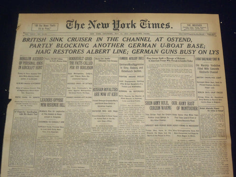 1918 MAY 11 NEW YORK TIMES - BRITISH SINK CRUISER AT OSTEND - NT 8178