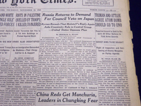 1945 NOV 15 NEW YORK TIMES - TRUMAN & ATTLEE AGREE ATOM BOMB GO TO UNO - NT 293