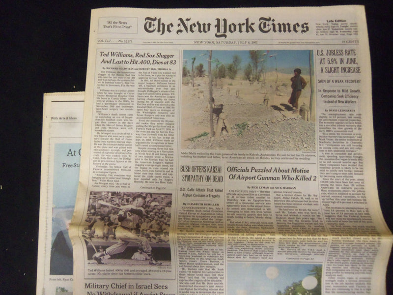2002 JULY 6 NEW YORK TIMES - TED WILLIAMS RED SOX SLUGGER DIES AT 83 - NP 2155