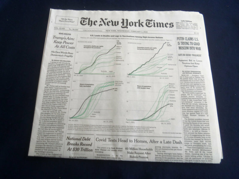 2022 FEBRUARY 2 NEW YORK TIMES -PUTIN CLAIMS U.S. TRYING TO GOAD MOSCOW INTO WAR