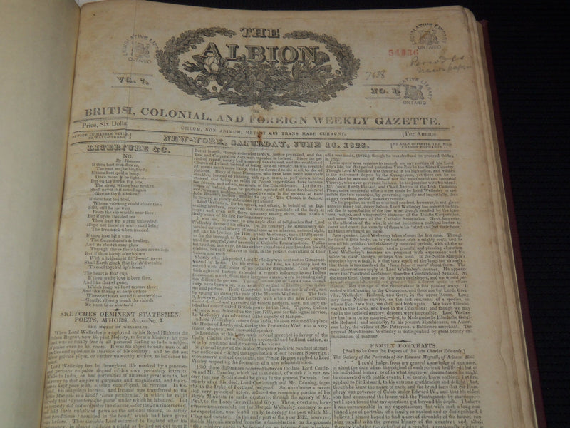 1828-1829 THE ALBION WEEKLY GAZETTE BOUND VOLUME NO. 7 - NEW YORK - R 10J
