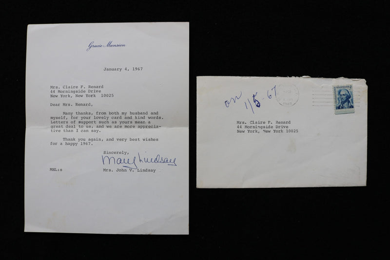 1967 JAN 4 MRS. JOHN V. (MARY) LINDSAY THANK YOU LETTER AND ENVELOPE - K 2761