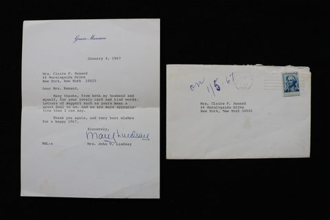 1967 JAN 4 MRS. JOHN V. (MARY) LINDSAY THANK YOU LETTER AND ENVELOPE - K 2761