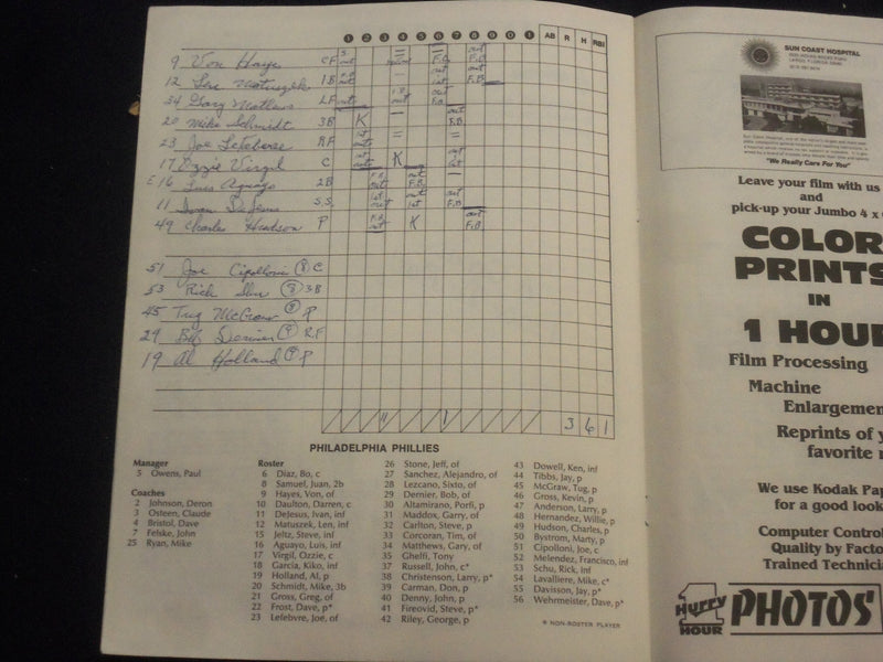 1984 PHIL. PHILLIES SPRING TRAINING SCORECARD & STUBS - MATTHEWS SIGNED - J 5865