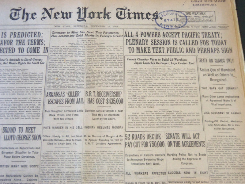 1921 DECEMBER 10 NEW YORK TIMES - ALL 4 POWERS ACCEPT PACIFIC TREATY - NT 6473