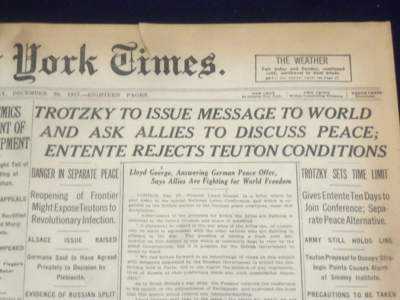 1917 DECEMBER 29 NEW YORK TIMES - TROTZKY TO ISSUE MESSAGE TO WORLD - NT 8263