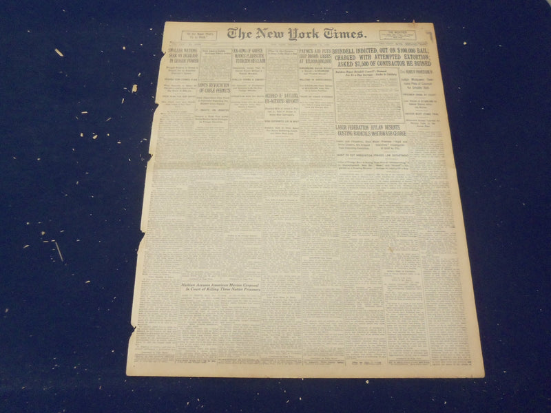 1920 NOVEMBER 18 NEW YORK TIMES - BRINDELL INDICTED ON EXTORTION - NT 8468