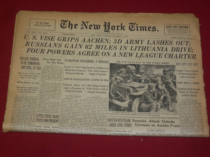 1944 OCTOBER 9 NEW YORK TIMES - U.S. VISE GRIPS AACHEN; 3D ARMY LASHES - NP 3810