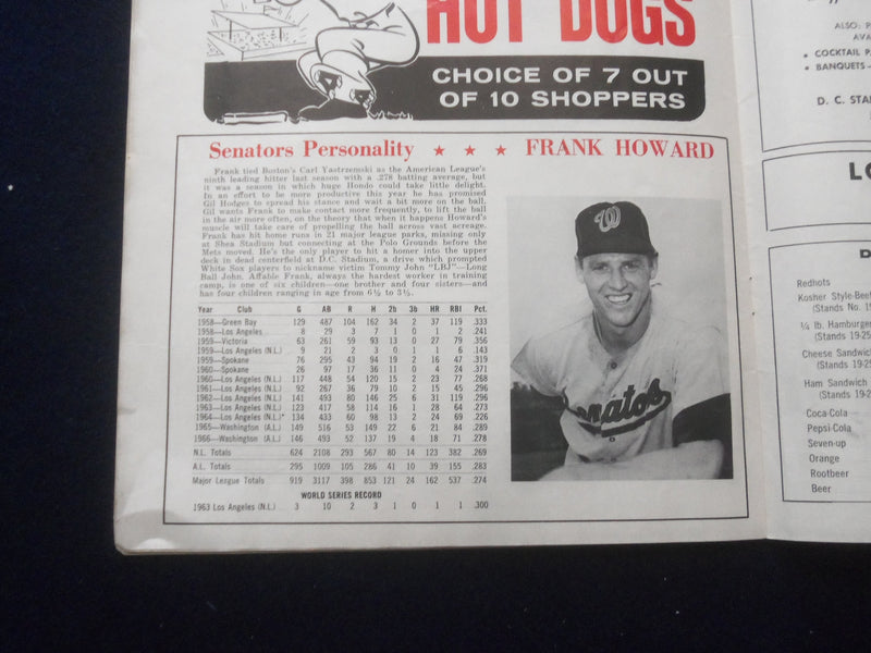 1967 WASHINGTON SENATORS VS. NEW YORK YANKEES SCORECARD - J 8399
