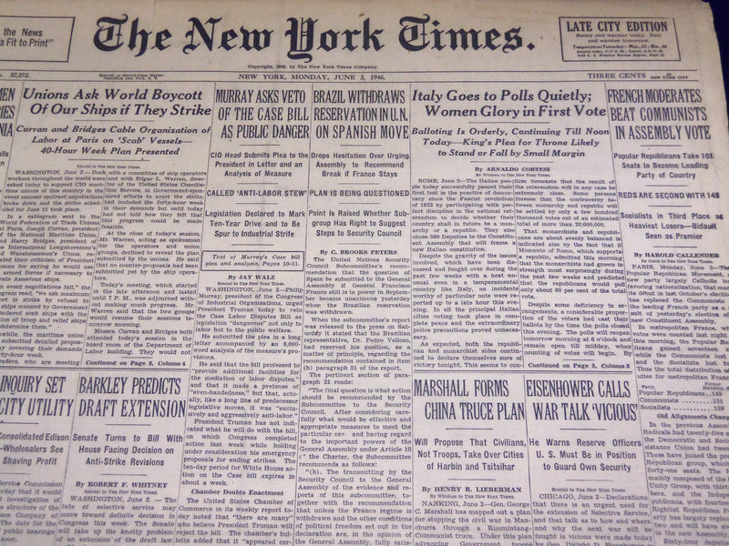 1946 JUNE 3 NEW YORK TIMES - ITALY WOMEN IN FIRST VOTE - NT 2703
