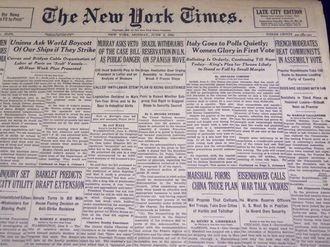 1946 JUNE 3 NEW YORK TIMES - ITALY WOMEN IN FIRST VOTE - NT 2703