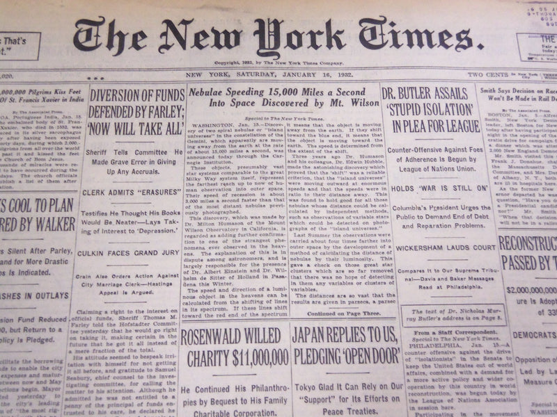 1932 JANUARY 16 NEW YORK TIMES - NEBULAE SPEEDING 15,000 MILES A SECOND- NT 4800
