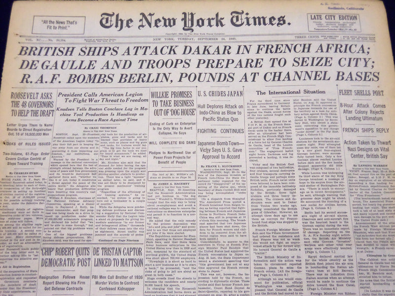 1940 SEPT 24 NEW YORK TIMES - BRITISH SHIPS ATTACK DAKAR FRENCH AFRICA - NT 215