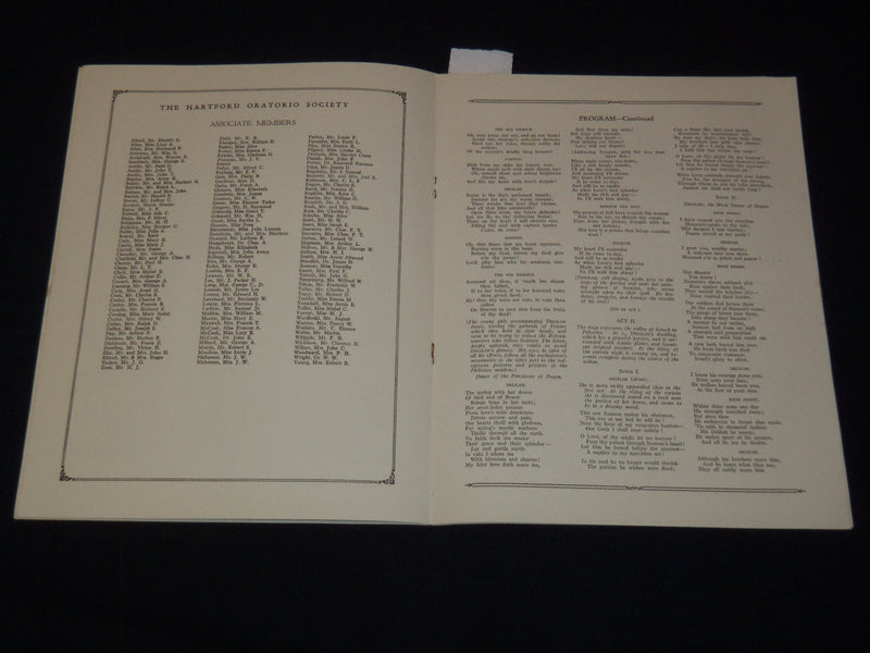 1936 HARTFORD ORATORIO SOCIETY SAMSON AND DELILAH PROGRAM - SAINT-SAENS - K 2053