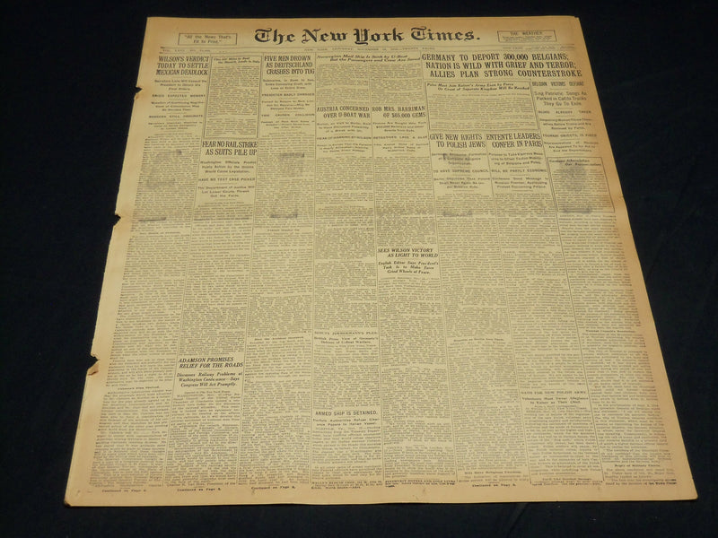 1916 NOVEMBER 18 NEW YORK TIMES - GERMANY TO DEPORT 300,000 BELGIANS - NT 7727