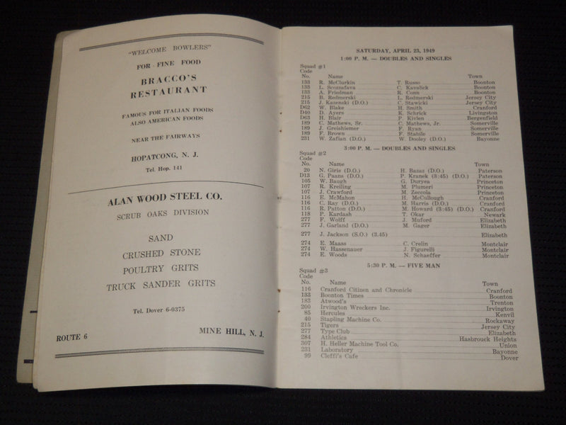 1949 NEW JERSEY STATE BOWLING TOURNAMENT PROGRAM - MORRIS COUNTY - J 7896