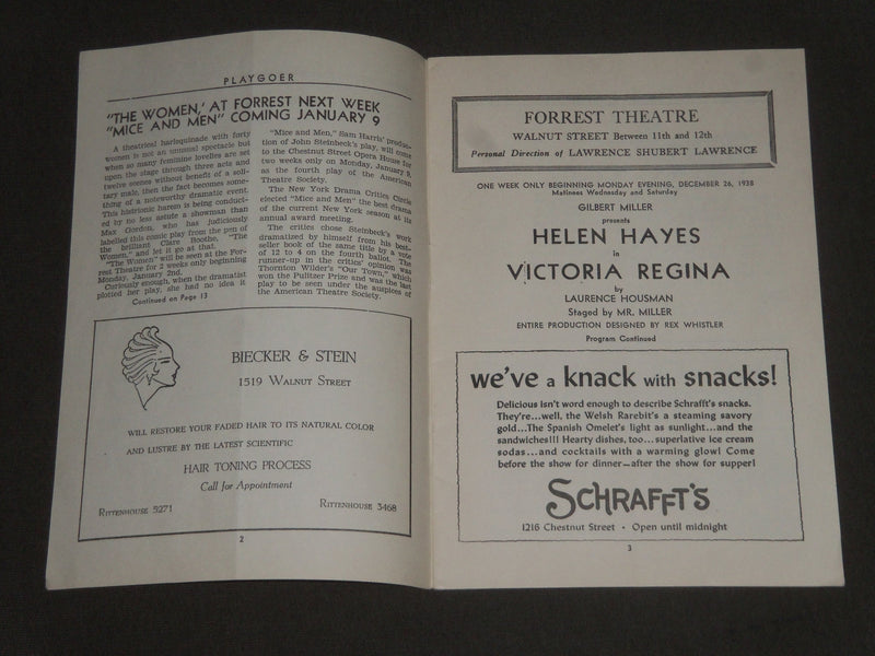 1938 DECEMBER 26 THE PLAYGOER HELEN HAYES IN VICTORIA REGINA PROGRAM - J 2409