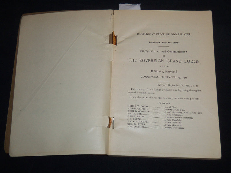 1919 THE SOVEREIGN GRAND LODGE I. O. O. F. PROCEEDINGS - BALTIMORE MD - J 8657